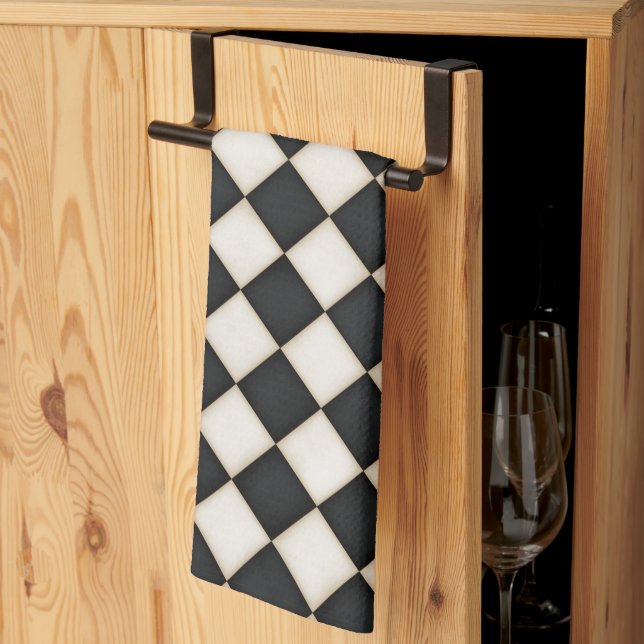 Black & Antique White Diamonds Kitchen Towel (Thirds Fold)
