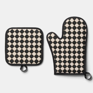 Black & Antique White Diamonds Oven Mitt & Pot Holder Set