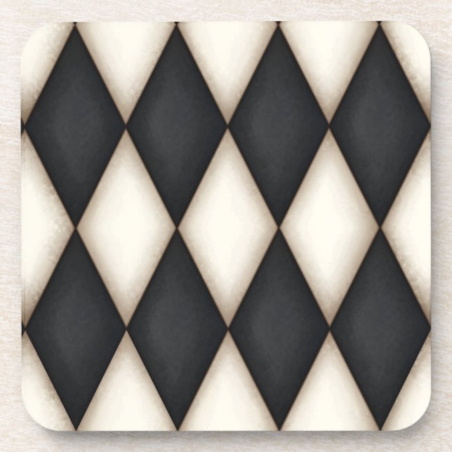 Black & Antique White Harlequin Chequered Pattern Coaster (Front)