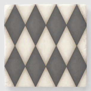 Black & Antique White Harlequin Chequered Pattern Stone Coaster