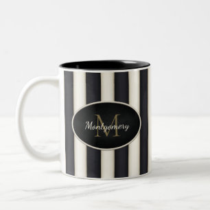 Black & Antique White Stripes Bronze Monogram Two-Tone Coffee Mug