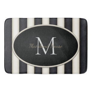 Black & Antique White Stripes Oval Framed Monogram Bath Mat