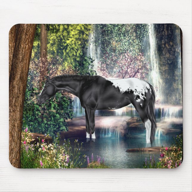 Black Appaloosa Horse Waterfall Background Mouse Pad (Front)