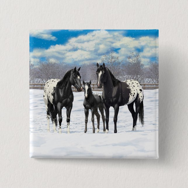 Black Appaloosa Horses In Snow 2 Inch Square Button (Front)