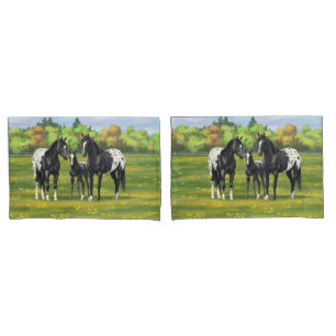 Black Appaloosa Horses In Summer Pasture Pillowcase