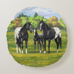 Black Appaloosa Horses In Summer Pasture Round Pillow