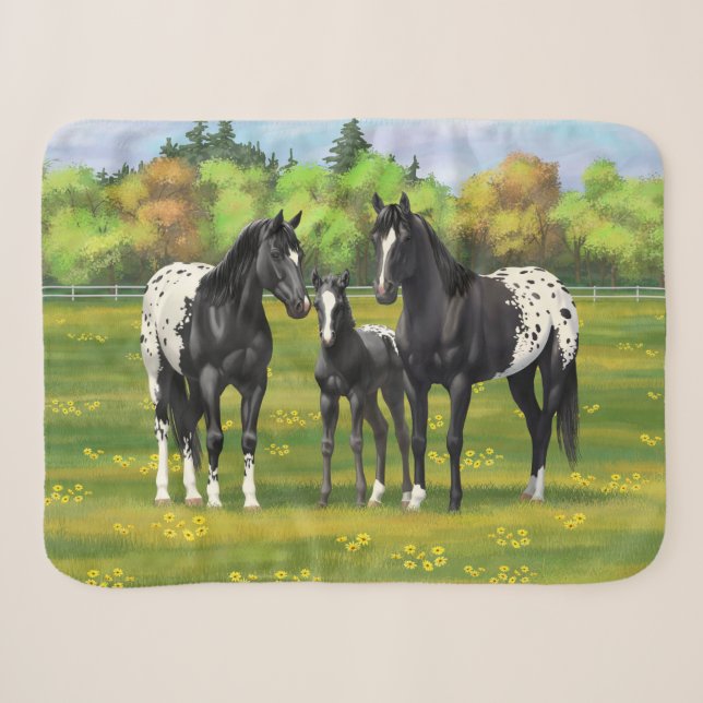 Black Appaloosa Horses In Summer Pasture Sherpa Blanket (Front (Horizontal))