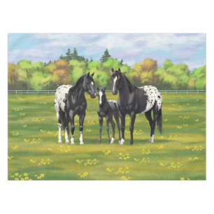 Black Appaloosa Horses In Summer Pasture Tablecloth