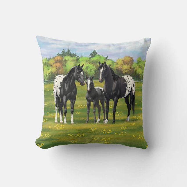 Black Appaloosa Horses In Summer Pasture Throw Pillow (Front)