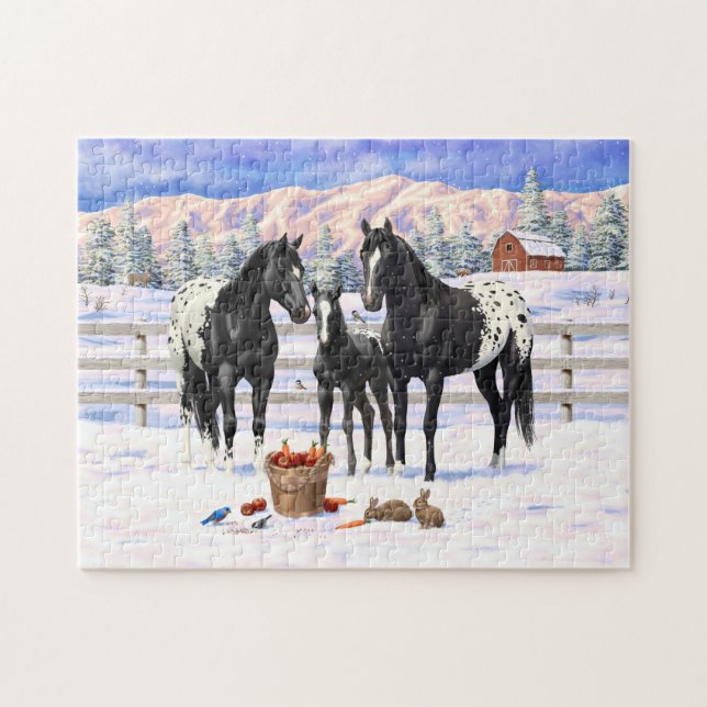 Black Appaloosa Horses On A Farm In Snow Jigsaw Puzzle (Horizontal)