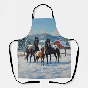Black Appaloosa Horses on a Farm in Winter Apron