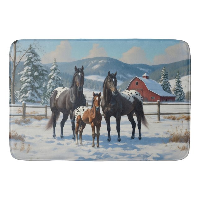 Black Appaloosa Horses on a Farm in Winter Bath Mat (Front)