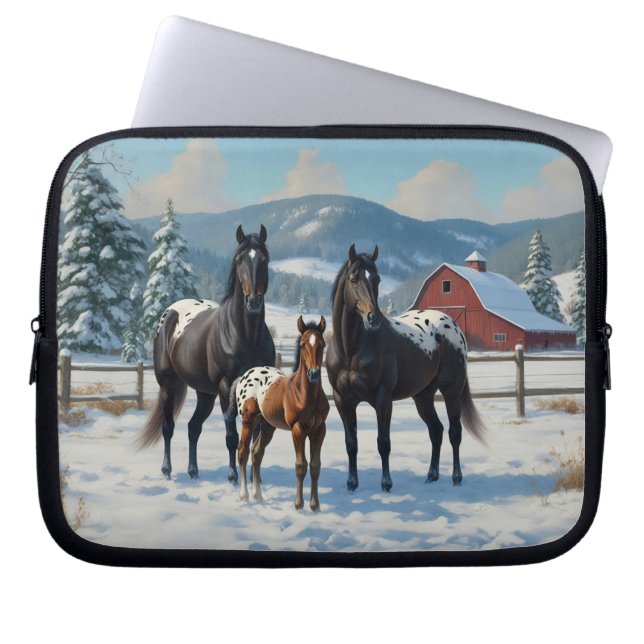 Black Appaloosa Horses on a Farm in Winter Laptop Sleeve (Front)