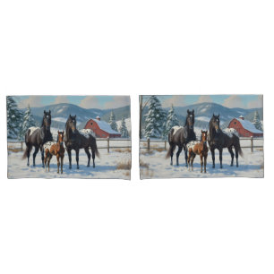 Black Appaloosa Horses on a Farm in Winter Pillowcase
