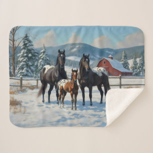 Black Appaloosa Horses on a Farm in Winter Sherpa Blanket