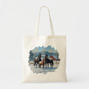 Black Appaloosa Horses on a Farm in Winter Tote Bag