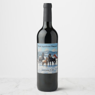 Black Appaloosa Horses on a Farm in Winter Wine Label