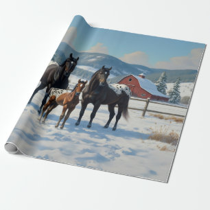 Black Appaloosa Horses on a Farm in Winter Wrapping Paper