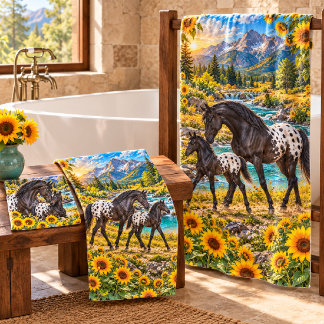 Black Appaloosa Mare & Foal Sunflower  Bath Towel Set