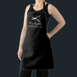 Black apron for hair salon stylist or barber shop<br><div class="desc">Black apron for hair salon stylist or barber shop. Available in small, medium and large size. Haircut scissors logo with elegant script typography. Also great for BBQ, cooking, baking, dinner party, washing, art & crafts work etc. Black and white kitchen aprons. Customizable colour. Create them for personal use or business....</div>