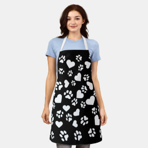 Black Apron with White Paw Prints & Heart Pattern