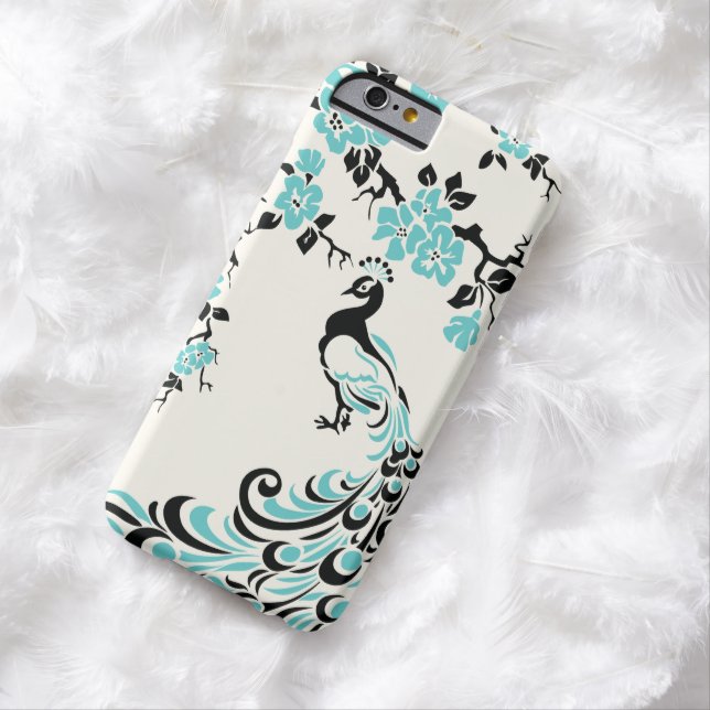 Black, aqua blue peacock & cherry blossoms Case-Mate iPhone case (In Situ)
