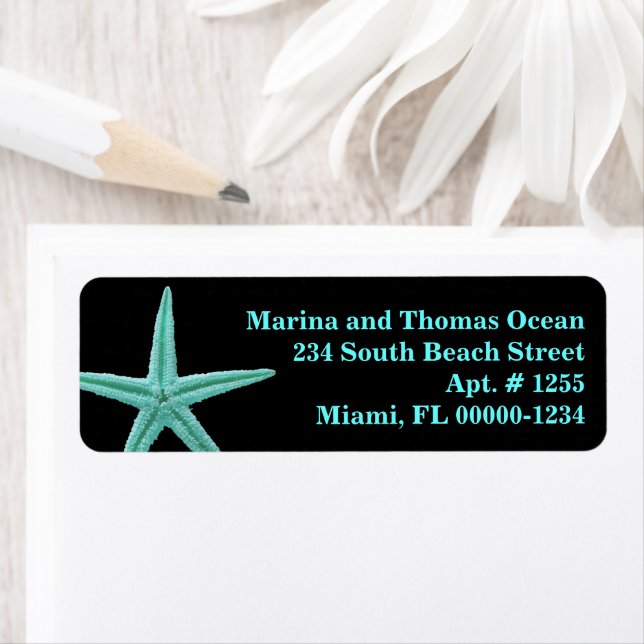 Black Aqua Blue Starfish Custom Address Labels (Insitu)