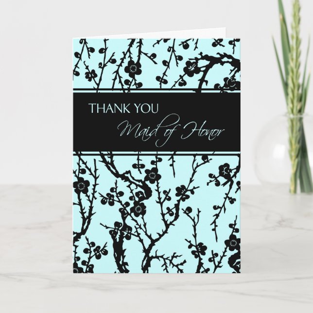 Black & Aqua Floral Thank You Maid of Honour Card (Front)