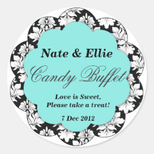 Black & Aqua Scallop Damask Candy Buffet Sticker