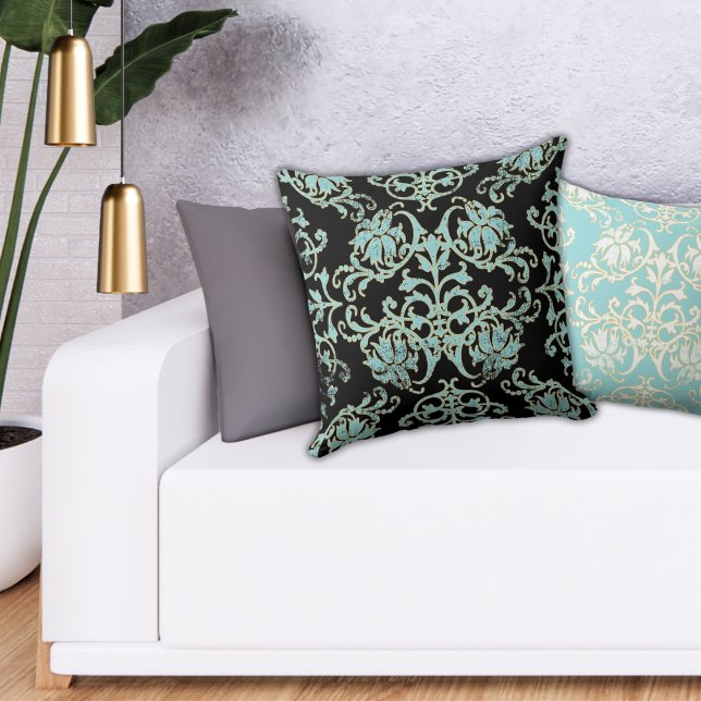 Black Aqua Turquoise Gold Damask Coussin (Créateur téléchargé)