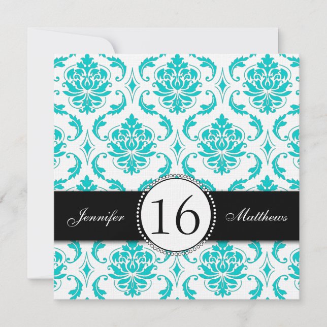 Black Aqua White Damask Sweet Sixteen Invitations (Front)