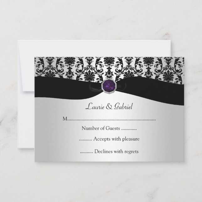 Black Argent Damask Violet Jewel RSVP Invitation (Devant)