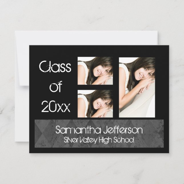 Black Argyle Graduation Announcement, 3 Photos Invitation (Front)