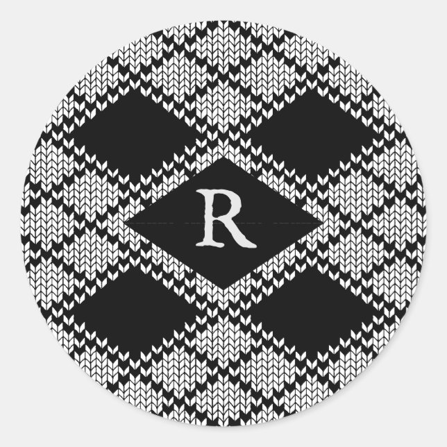 BLACK ARGYLE KNIT Large Round Stickers + Initial  (Front)