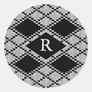 BLACK ARGYLE KNIT Large Round Stickers + Initial