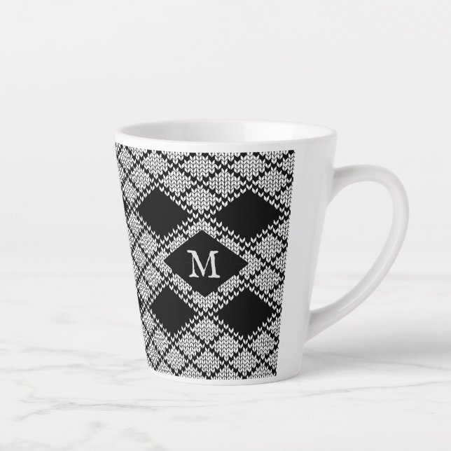 BLACK ARGYLE KNIT Latte Mug + Initial  (Right)