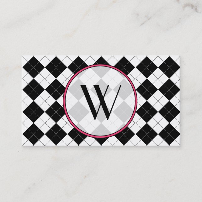 Black Argyle Monogram Fashion Business Card (Front)
