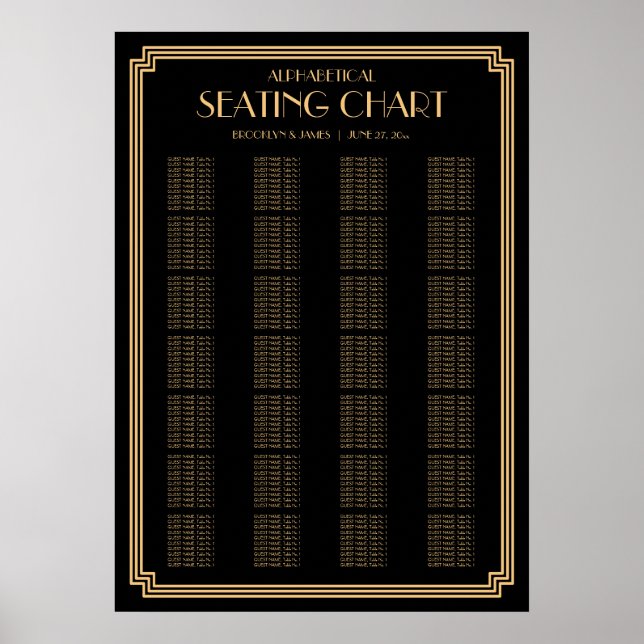 Black Art Deco Alphabetical Wedding Seating Chart (Front)