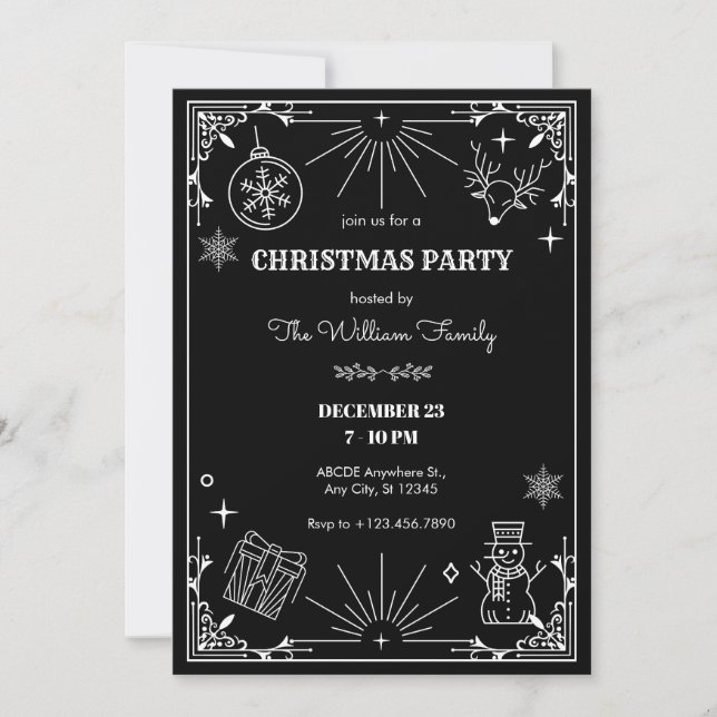 Black art deco christmas party ornament invitation (Front)