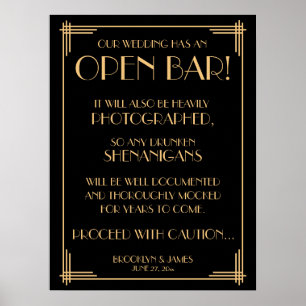 Black Art Deco Gold Gatsby Open Bar Sign 18x24