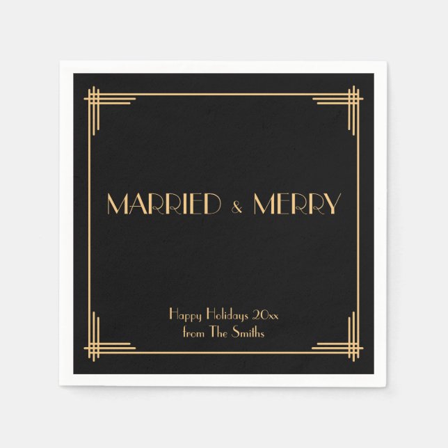 Black Art Deco Married And Merry Christmas Napkins (Front)
