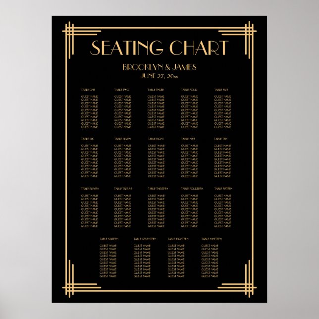 Black Art Deco Wedding Seating Chart 19 Tables (Front)