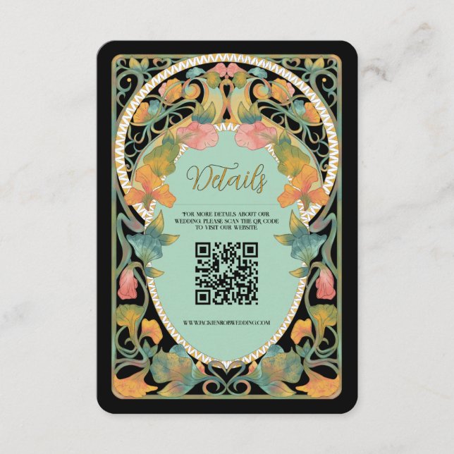 Black Art Nouveau QR Code Wedding Enclosure Card (Front)