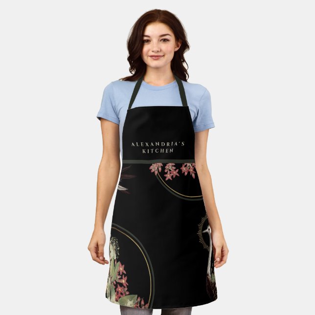 Black Artistic Floral Design + Your Name Kitchen Apron (Worn)
