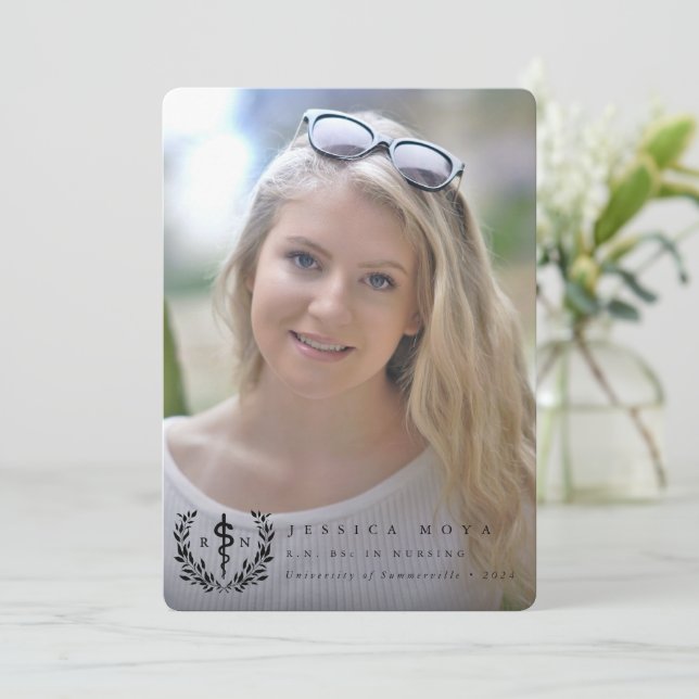 Black Asclepius RN Registered Nurse Graduation Announcement (Standing Front)