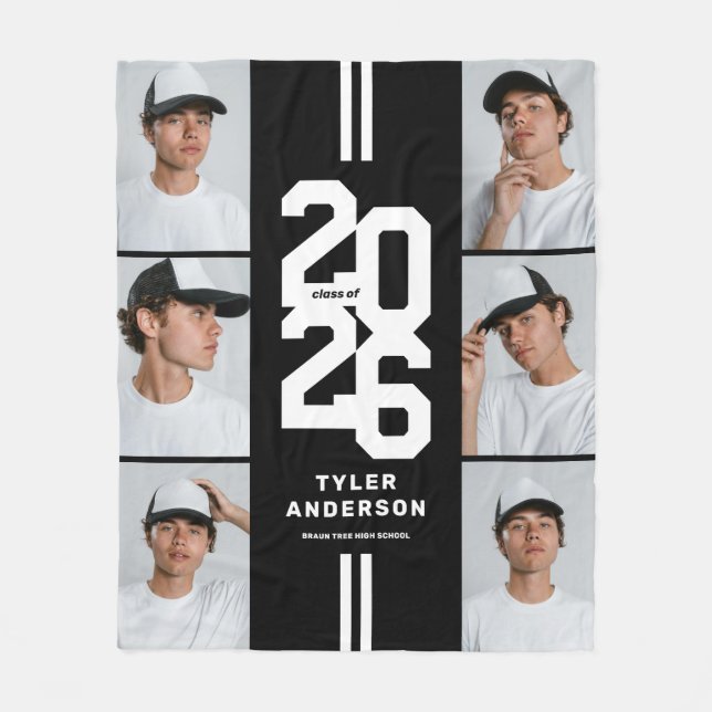Black Athletic Graduate Photo Collage Graduation Fleece Blanket (Front)