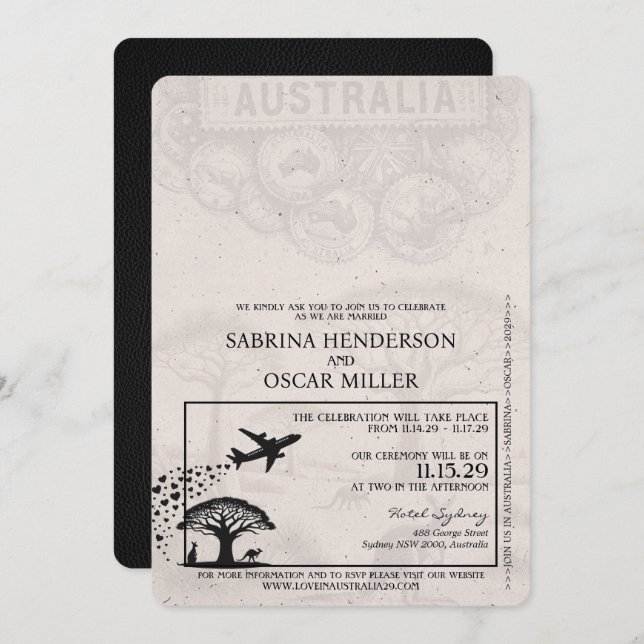Black Australia Passport Wedding Invitation (Front/Back)
