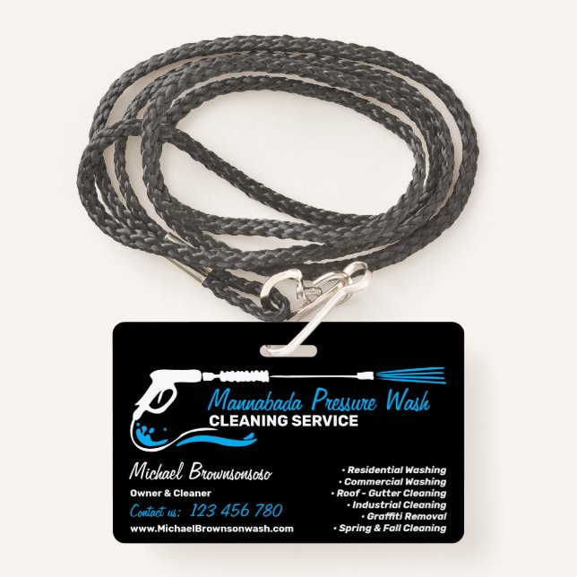 Black Auto Pressure Washing Power Wash CLEANING Badge (Front with Lanyard)