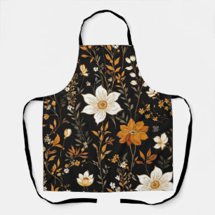 Black Autumn Boho Vintage Gold Floral Pattern Apron