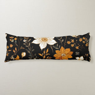 Black Autumn Boho Vintage Gold Floral Pattern Body Pillow